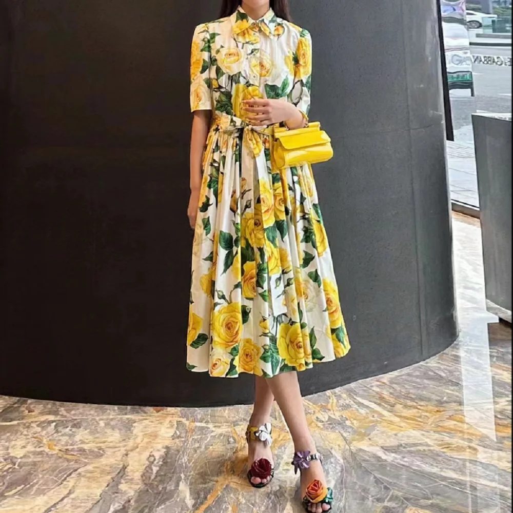 

2024 Summer women's dress Pure cotton 3D print bodice Women's shirt dress y2k ah New fashion high quality belt pleated skirt bra