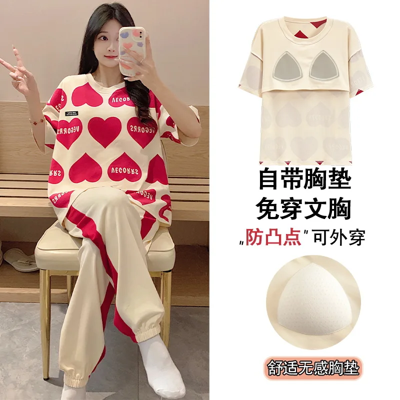 

2024 New Sleepwear with Chest Pad Cotton Homewear for Women Fashion Printed Pajamas Set Short Sleeping Top Long Pant Pyjamas