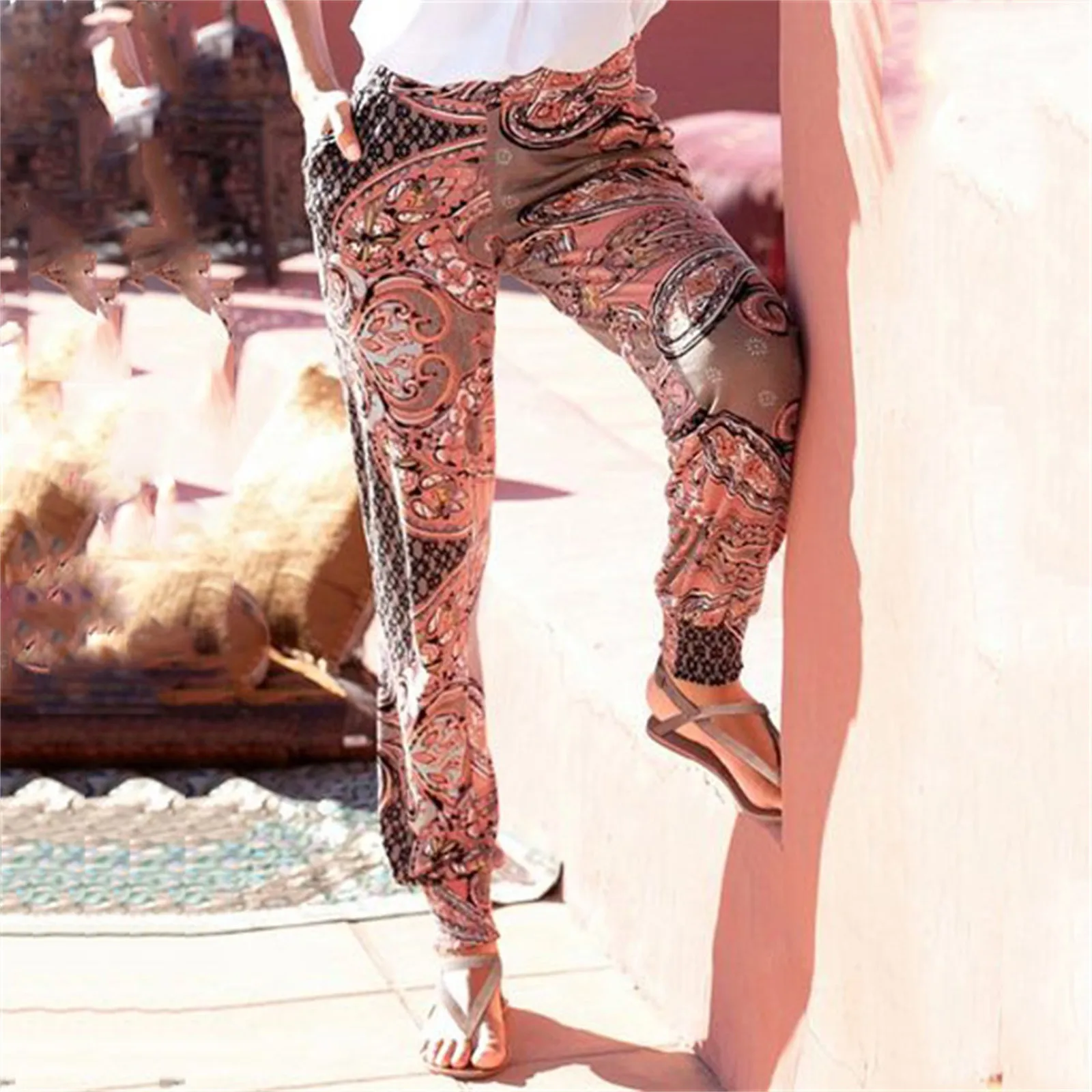 

Boho Casual Beach Pants Pockets Women High-Waisted Bohemian Hippie Elegant Loose Yoga Pants Long Trousers Printed Pantalones