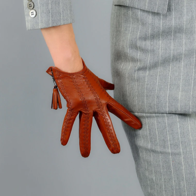 TECH GLOVES Real Leather Dark Red Wrist Short 19cm Zipper Fringe Tassel Genuine Sheepskin Lambskin Women Ladies Touchscreen