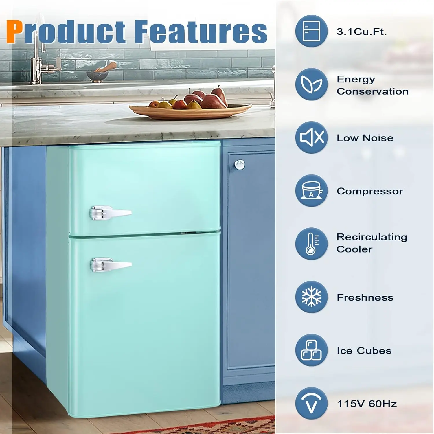 Mini Fridge 3.1Cu.Ft Compact Refrigerator 2-Doors Freezer Low Noise Defrost Storage of Beverages Vegetables Fruits Kitchen