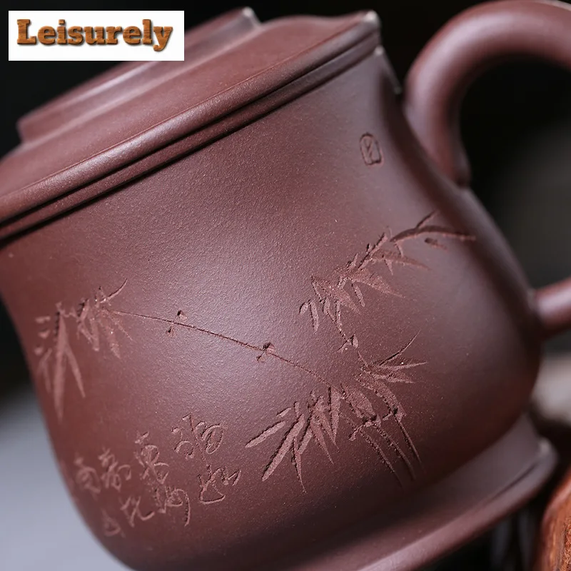 400ml Yixing Clay Teacup with Filter Master Handheld Household Office Infuser Kettle Hand Carved Bamboo Tea and Water Separation