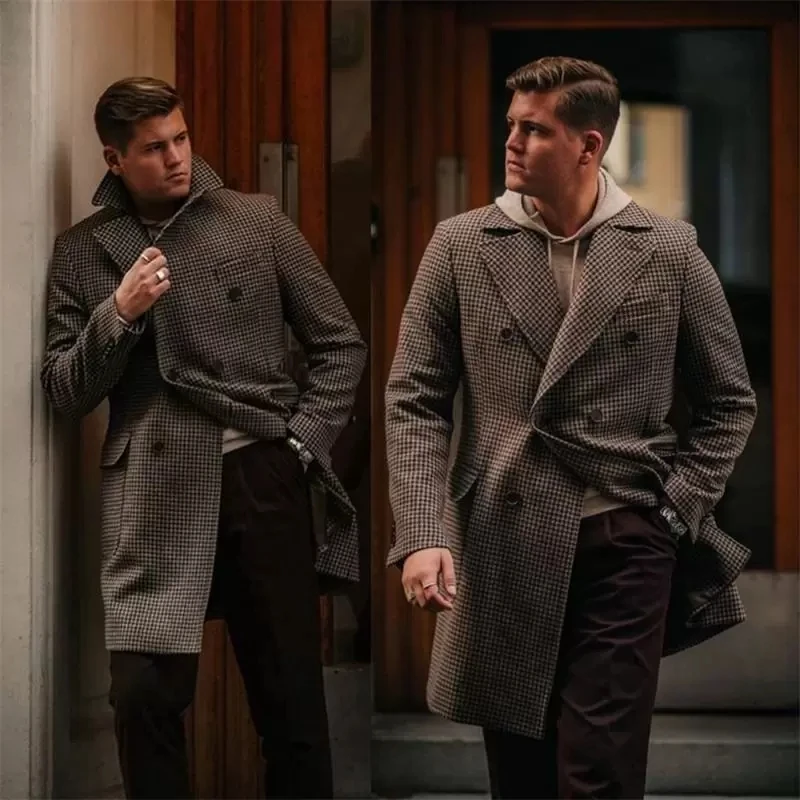

Houndstooth Brown Men Suit Overcoat Long Custom Made Winter Woolen Thick Coat Jacket Double Breasted Casual Fashion Male Outfit