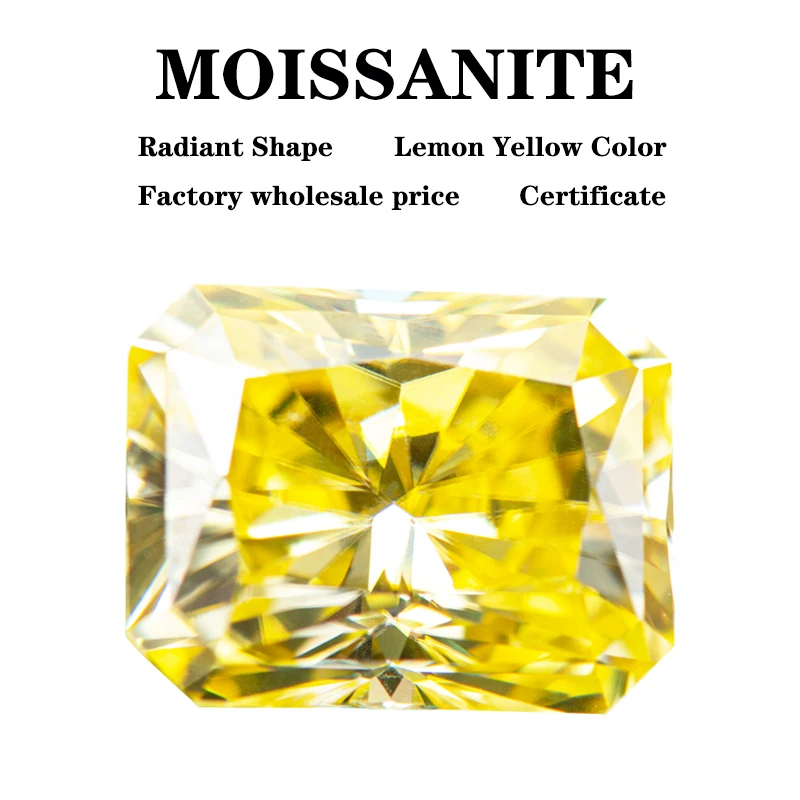 Moissanite Stone Radiant Cut Lemon Yellow Color Factory Wholesale Price Advanced DIY Charms Jewelry Making Materials Certificate