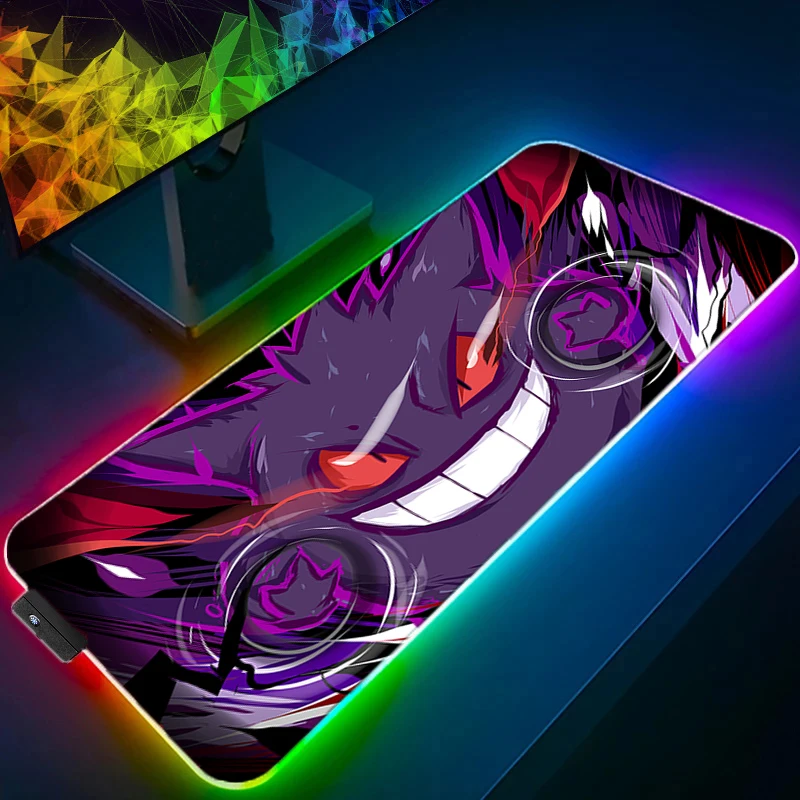 Gengar Pokémon Gaming RGB Mouse Pad LED Moused Pad Gamer Pc Accessories HD Picture Custom With Backlight Xxl Desk Mat Mousepad led pikachu kawaii gaming rgb mouse pad hd picture office accessories moused pad gamer desk mat with backlight custom xxl pads