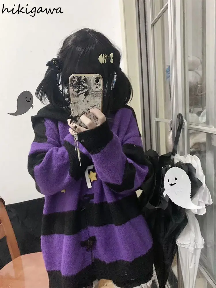 2025 Fall Winter Clothing Striped Sweater Jackets Women Pull Femme Hooded Fashion Cute Sueter Mujer Casual Knitted Y2k Cardigan 5