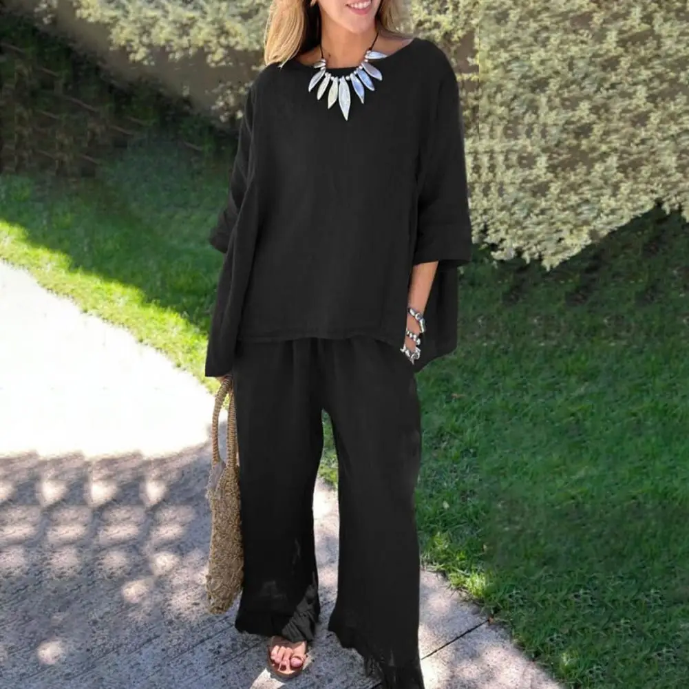 

Одежда, шикарный комплект из двух предметов: блузка и брюки, стильный топ с круглым вырезом и оборками на рукавах, широкие брюки для офиса, домашняя одежда