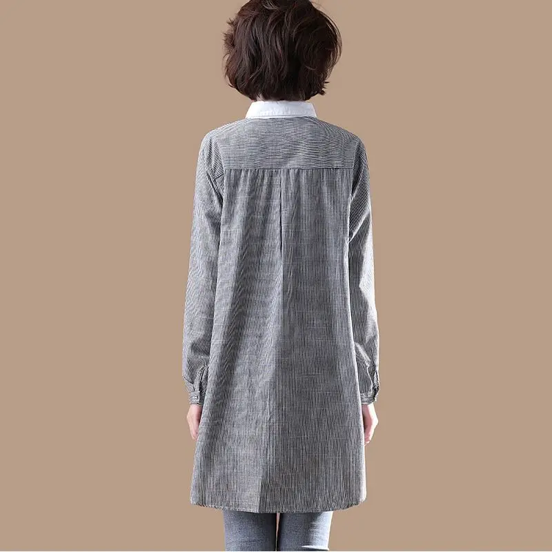 스트라이프 패션 긴 소매 자수 블라우스 봄 여름 새로운 캐주얼 모든 경기 미디 한국어 폴로 넥 셔츠 여성 의류