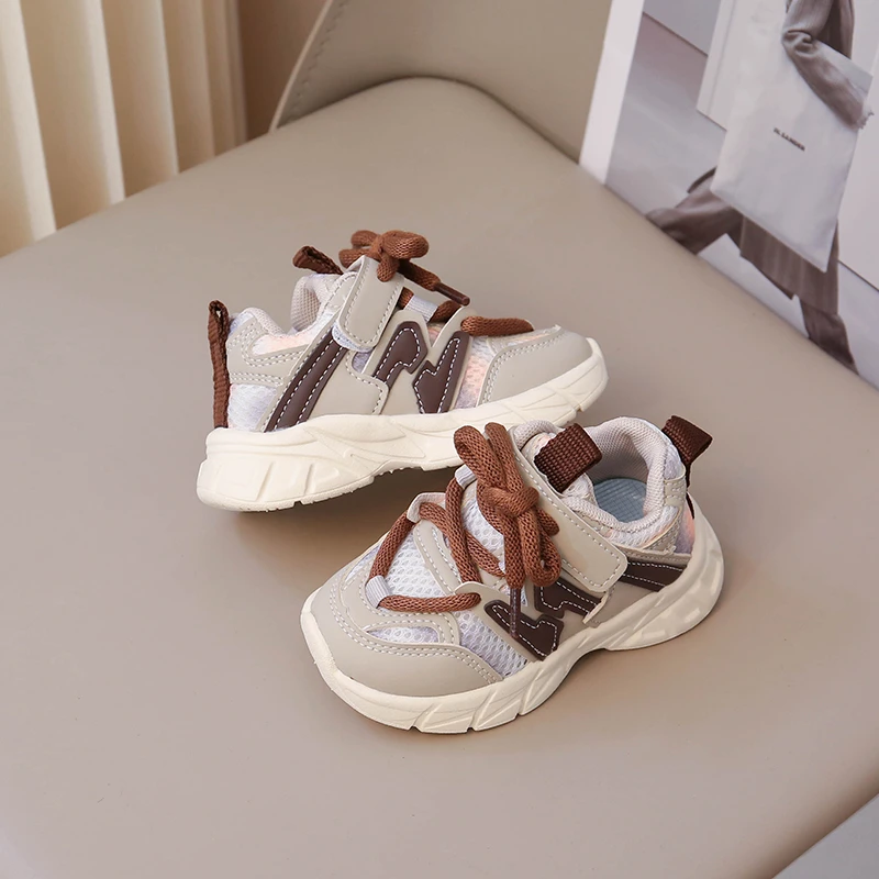 Baskets pour enfants en maille marron respirantes et légères pour garçons et filles, chaussures de tennis tendance antidérapantes et souples pour enfants et bébés_voghion.com