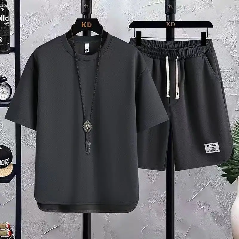 Summer Korean Trend Versatile Casual Sets Men Solid Round Neck Short Sleeved Top Elastic Waist Drawstring Pocket Sports Shorts