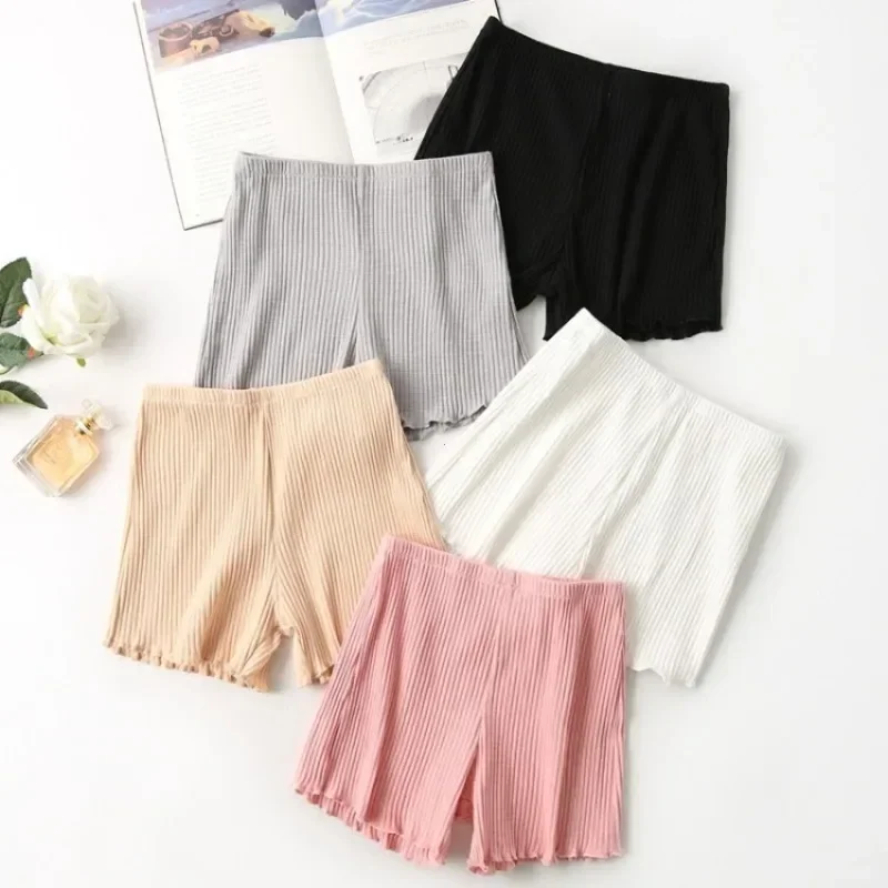 Cotton shorts ruffled three-point safety pants women's outer wear leggings thread ribbed striped stretchy underpants