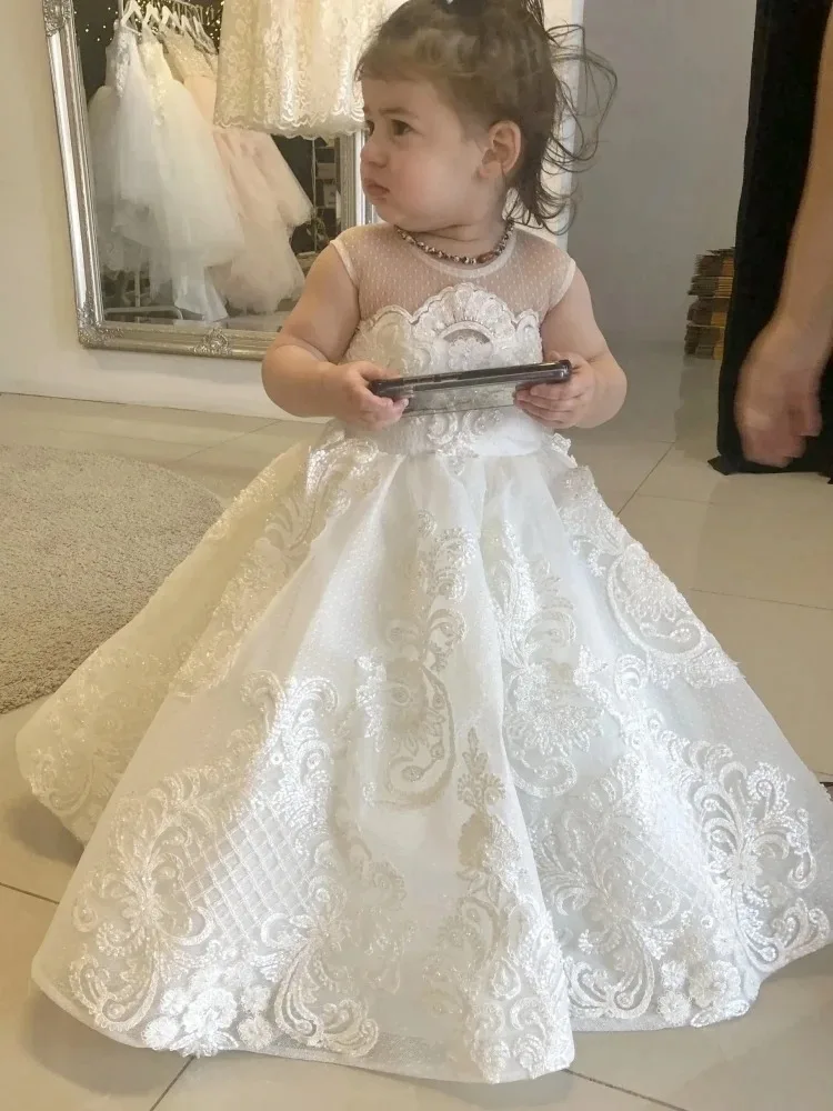 White Flower Girl Dresses for Wedding Lace Appliques Princess First Communion Kids Birthday Party Ball Gowns