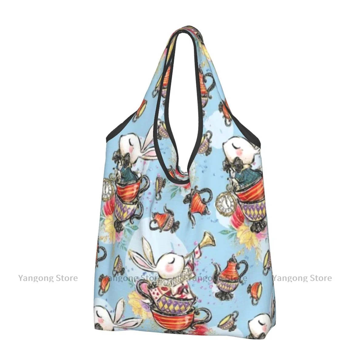 

Foldable Shopping Bag Wonderland Rabbit Tote Folding Pouch Handbag Convenient Travel Grocery Bag