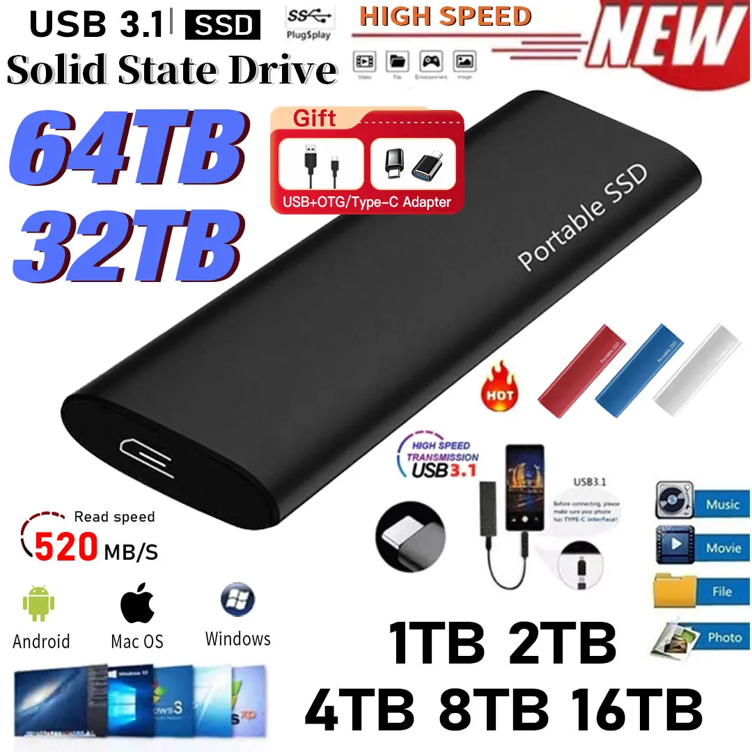 Original 1TB Portable SSD 2TB External Hard Drive 500GB M.2 Drive disk memory USB Storage for PC tablets Phones Desktop Computer