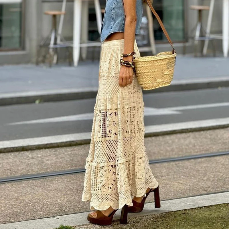 

Women's Casual Elastic Waist Pleated Skirt Sexy Hollow Out Solid Color Knitted Skirt New Fashion Lace Embroidery Slim Long Skirt