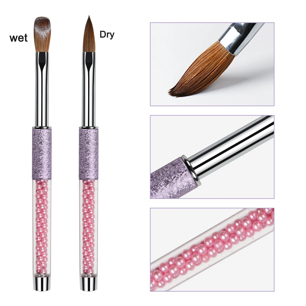 Pink Kolinsky Sable Acrylic Nail Brush Crystal Metal Handle Nail Art Mink Brush Gel Builder Manicure Painting Pen Drawing Tools 2
