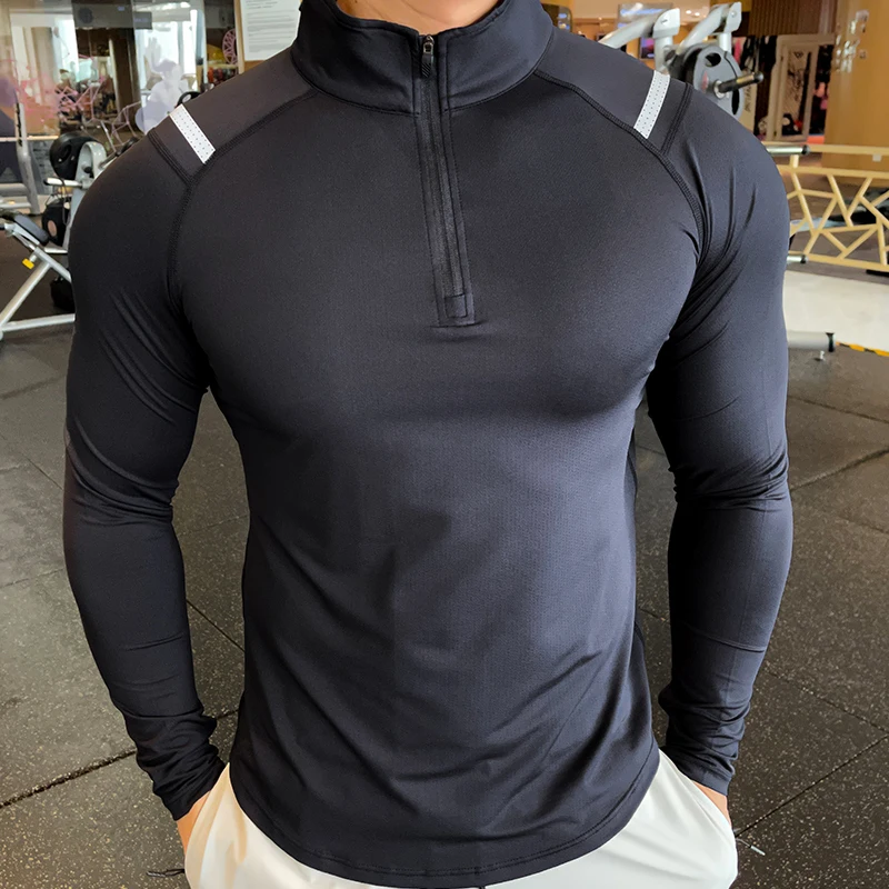 Spandex Long Sleeve finger Men Running Fitness Tshirt elastic Quick Dry Sports Bodybuilding Training stand collar Shirts 4