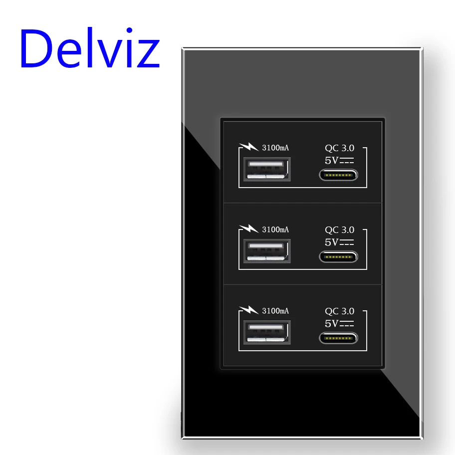 Delviz Brazil standard Wall Socket, White / Black Toughening Crystal Glass Panel 120mm*72mm, 18W 3A Type C USB Quick charge port