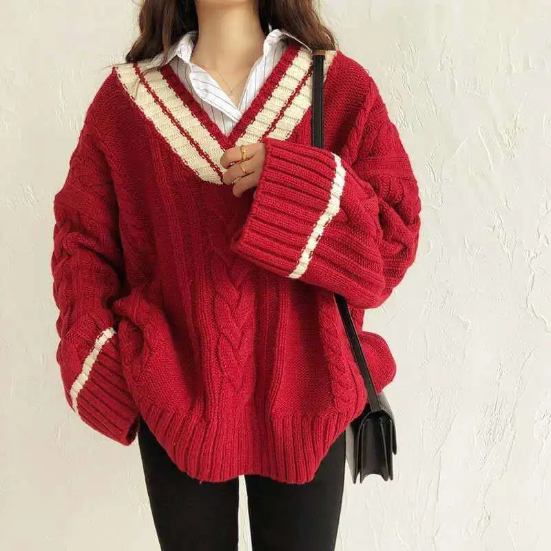 

Spring and Autumn New Korean Style Loose Retro Twist V-Neck sweater Women's pullover College