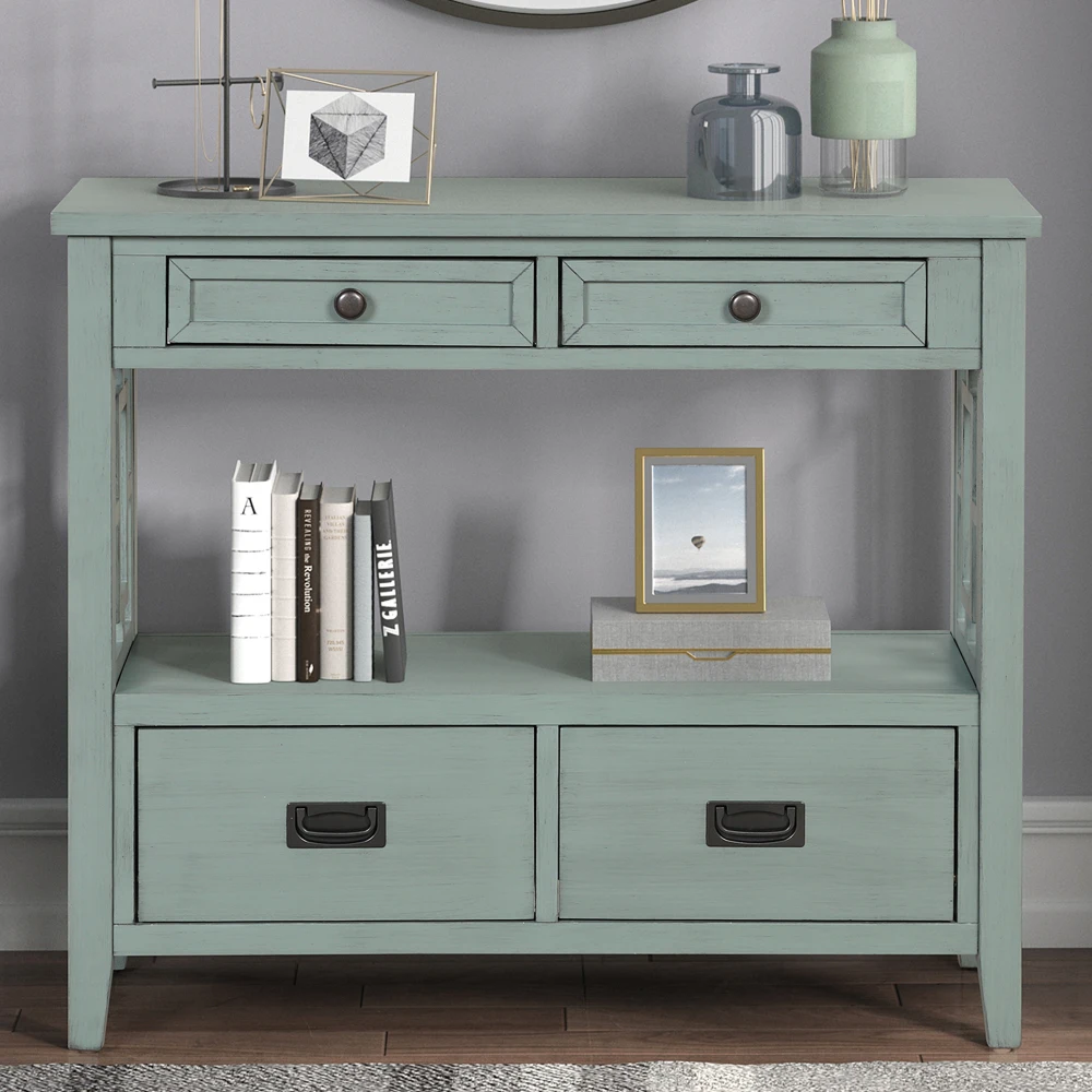 Farmhouse Pine Wood Console Table with 4 Drawers & 1 Storage Shelf - Retro Blue 2