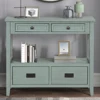 Farmhouse Pine Wood Console Table with 4 Drawers & 1 Storage Shelf - Retro Blue 2