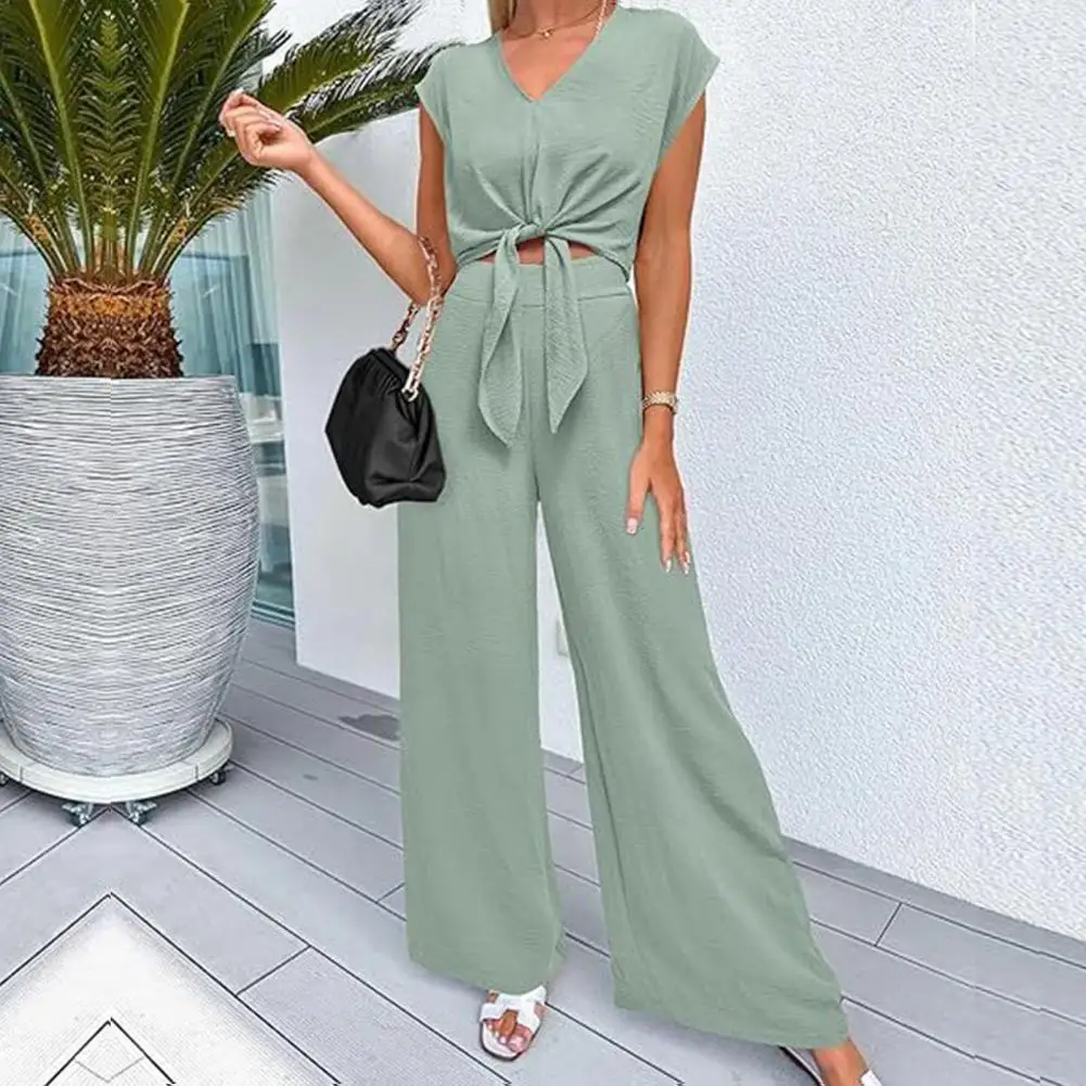 

Women Top Pants Suit Women's Lace-up Knot Top Wide Leg Pants Set for Ol Commute Short Sleeves V Neck High Waist Solid Color