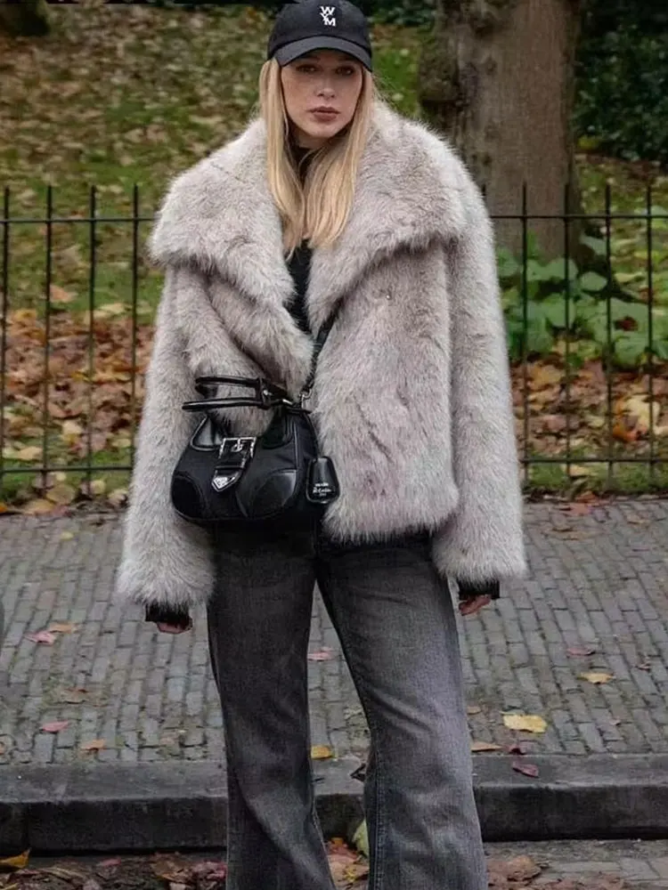 HH Women Casual Faux Fur Coat Elegant Solid Long Sleeve Jacket Autumn Winter Thick Warm Outerwear Fashion High Street Coats