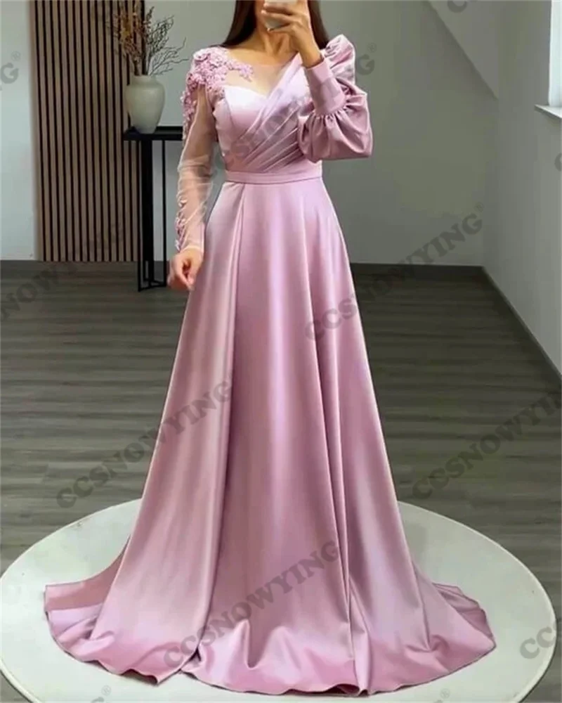 

Satin Appliques Long Sleeve Evening Dresses Scoop Neck Prom Dress Formal Party Gowns Women Arabic Dubai Robes De Soirée