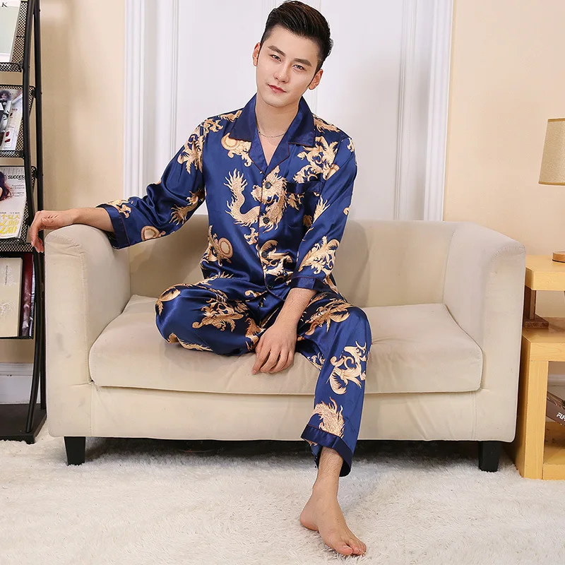 L-XXL Mens Loose Sleepwear Full Sleeve Pant 2PCS Pajamas Sets Dragon Print  Casual Home Clothes Spring Summer Ice Silk Nightwear mens satin pajama set