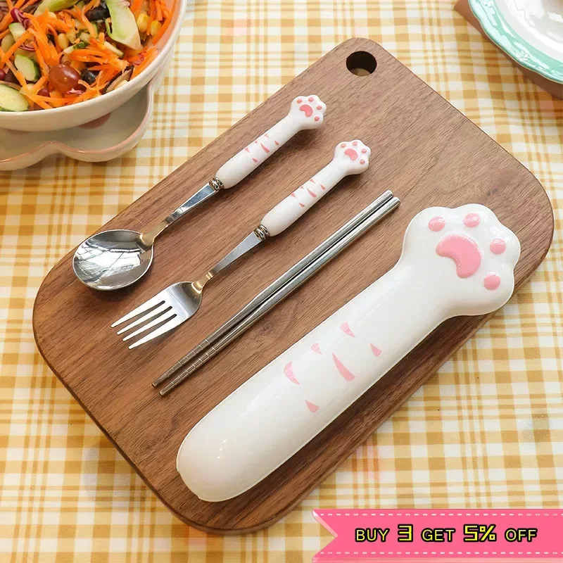 Cartoon Cute Cat Claw Spoon Fork Chopstick Set Student Children Outdoor Camping Portable Tableware Set