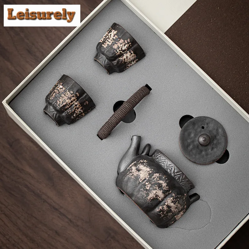 Wabi Sabi Style Black Pottery Lifting Handle Tea Set Complete Set Retro Tea Ceremony Set Teapot And Tea Cup Set Teaware Ornament