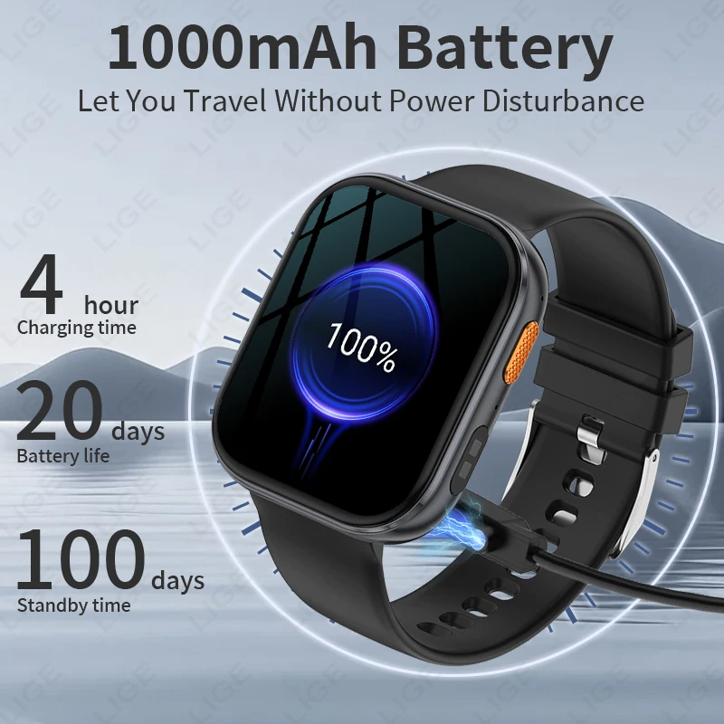 LIGE 2025 New Smart Watch Men 1000mAh Ultra Large Battery IP68 Waterproof 2.04" HD Display Flashlight Outdoor Sports Smartwatch