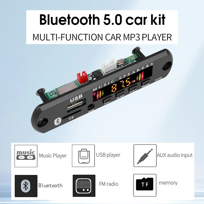 Bluetooth 5.0 Car Music Player Wireless MP3 Decoder Board Audio 9V-12V WMA Lossless Audio USB AUX TF Radio