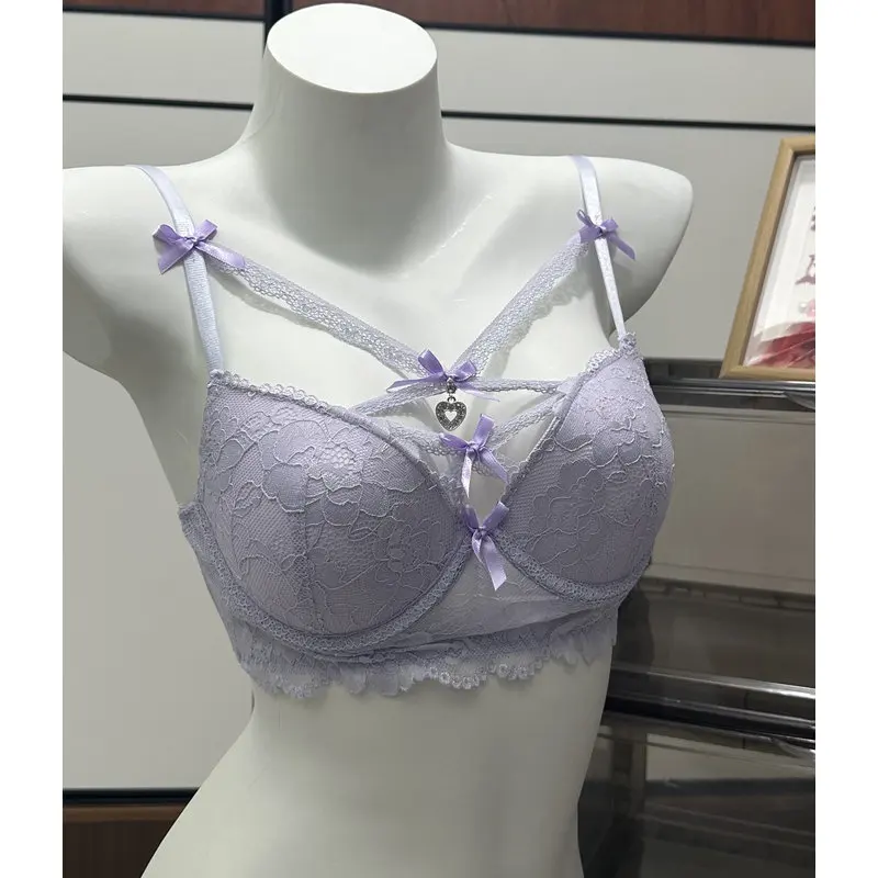 Ensemble de soutien-gorge en dentelle MOYISU Pure Desire pour femmes, avec pendentif cœur charmant, effet push-up rehausseur de poitrine, ensemble de lingerie séduisante, tailles S-XL 32-38AB