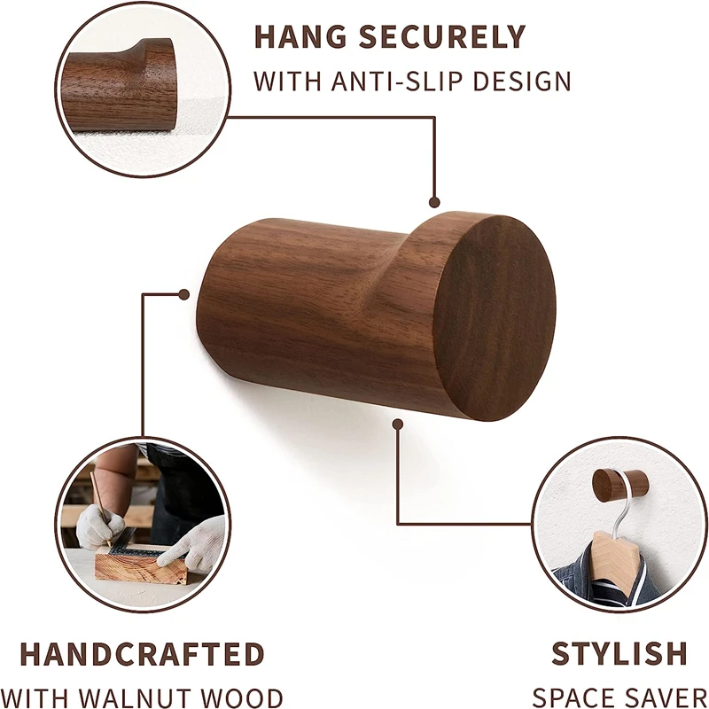 4/6PCS Wall Mounted Hanging Hooks Set Natural Wooden Coats Bags