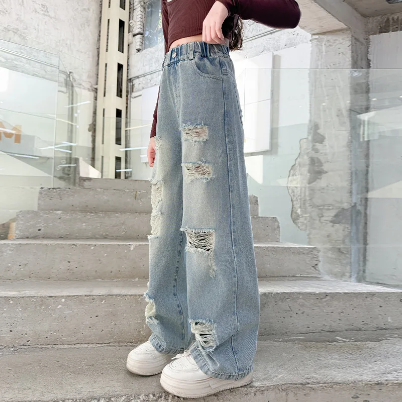 여아 스트레이트 레그 진 봄 가을 신상 아동 캐주얼 루즈핏 빅 키즈 봄 루즈핏 홀 오렌지 타이거 키즈 진