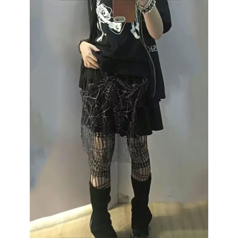 Y2K Sexy Spicy Girl Summer New Female Elastic High Waist Patchwork Tiered Flattering Loose Spider Web Pin Ball Gown Short Skirts