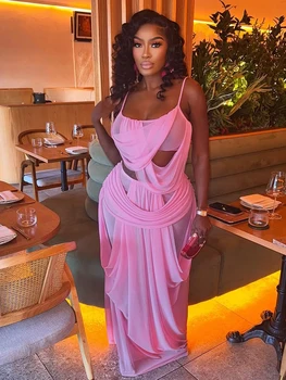 Kliou Ruched Elegant 2 Piece Set Woman Low-Neck Backless Camisole Tops+Elastic Waist Long Skirts Midnight Prom Party Outfits 1