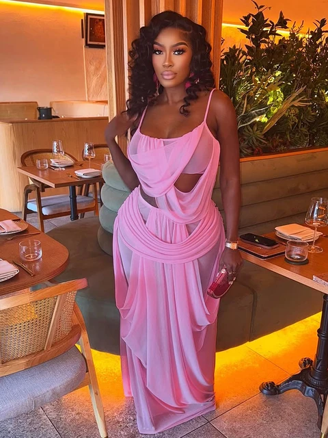 Ensemble élégant 2 pièces froncé Kliou pour femme : hauts camisoles à col bas et dos nu + jupes longues à taille élastique – Tenues de soirée pour bal de minuit 1