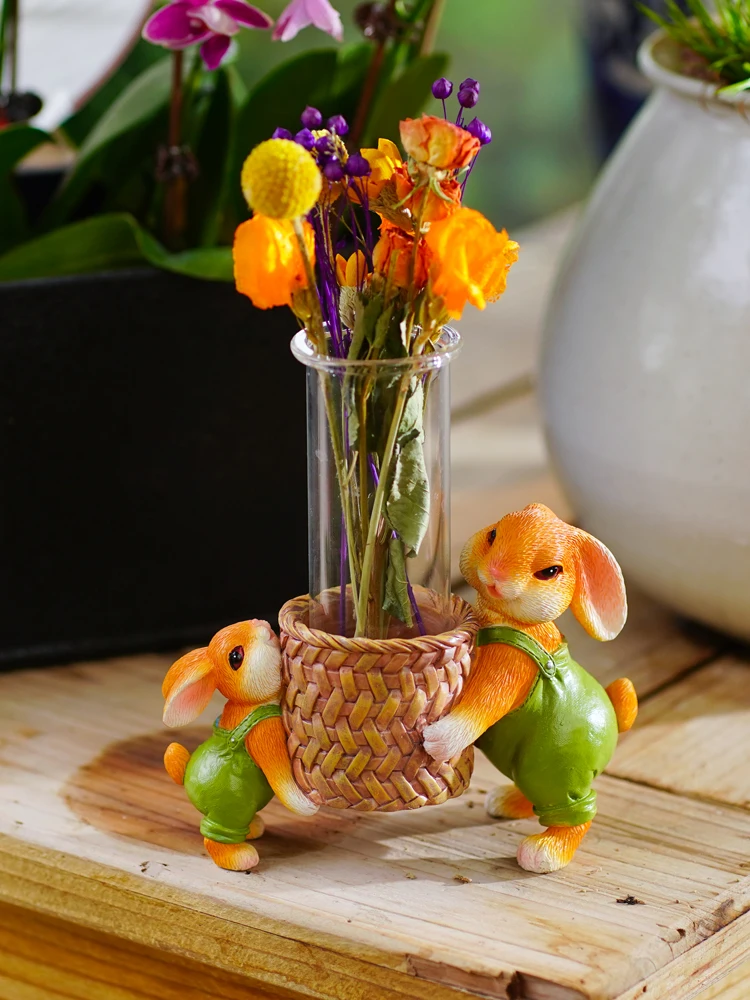

Creative cute rabbits ornament bunny flower device Dry flower Insert glass test tube hydroponic vase garden tabletop decoration