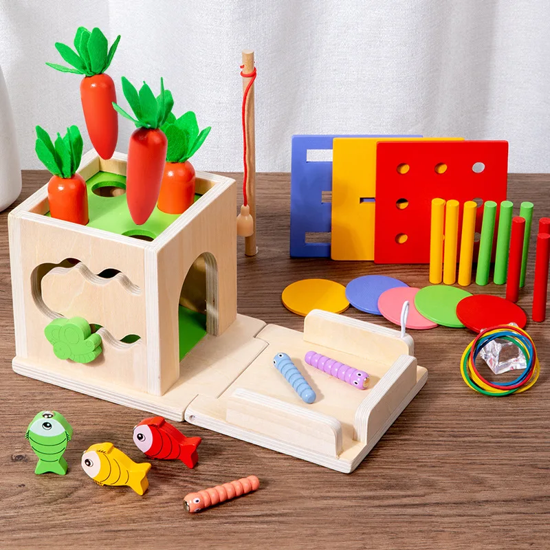 

Деревянный Игровой Набор «8 в 1», игрушка Монтессори, коробка для хранения предметов, коробка для монет, морковка для сбора, червь для лова, сортировщик формы-обучение малышам