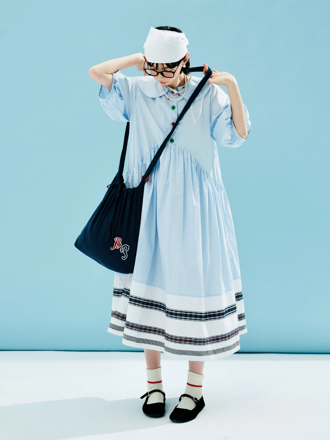 imakokoni summer pure cotton artistic color matching puff sleeves big hem loose long dress 244611