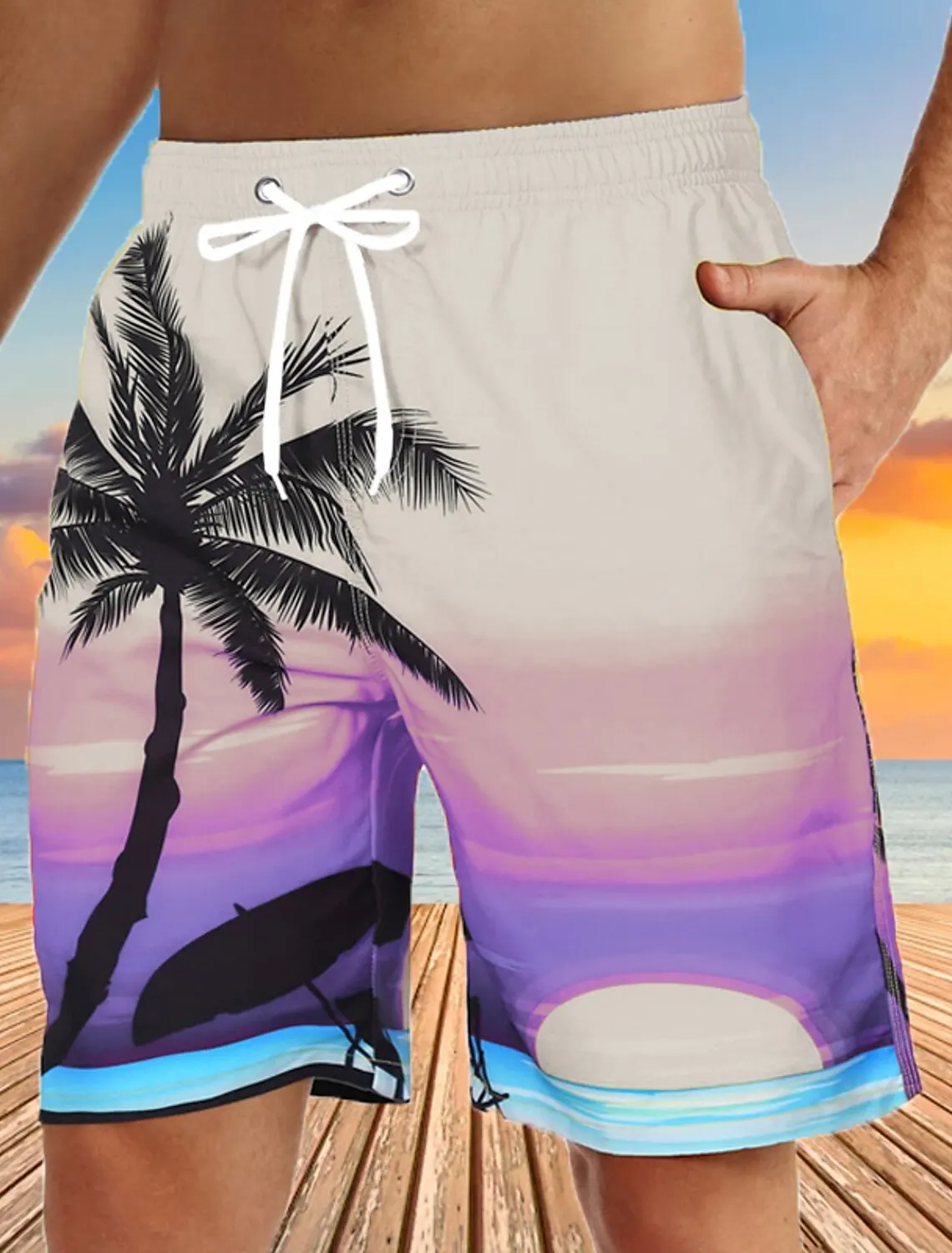 thumbnail image 1 of Pantalones cortos de tabla para hombre, pantalones cortos de baño, bermudas, pantalones cortos de playa, cordón ajustable, estampado 3D, gráfico de árbol de coco, transpirable, de secado rápido, 1 of 5