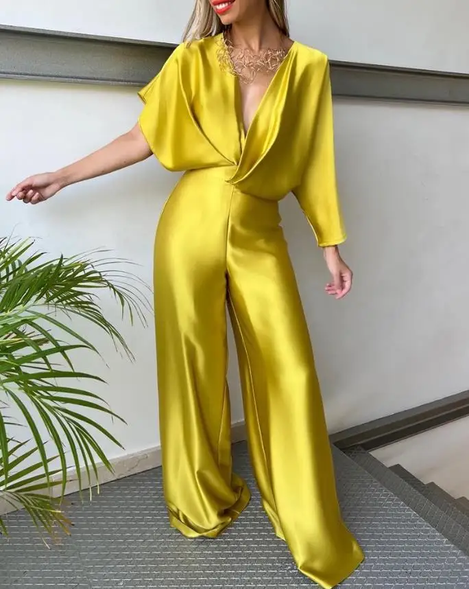 Women Jumpsuit 2024 Spring Satin Asymmetrical Sleeve Wide Leg Jumpsuit Deep V-Neck High Waisted Backless Long Jumpsuit