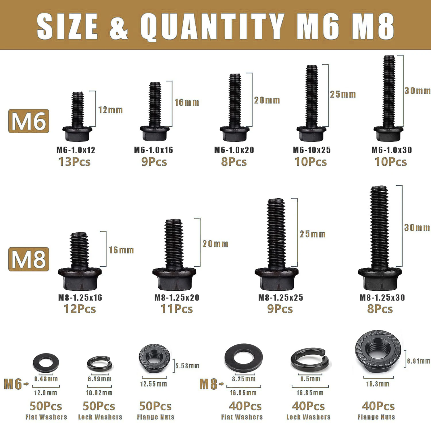 360피스 세트 M6-1.0 및 M8-1.25 플랜지 육각 볼트, 너트, 와셔, 10.9급 미터법 플랜지 육각 볼트