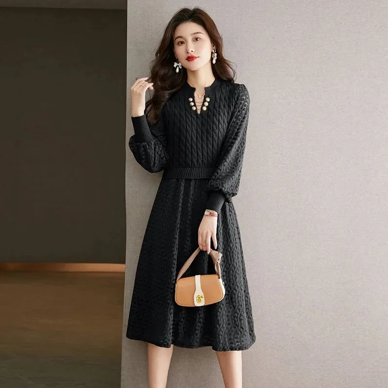 Autumn and Winter Woolen Dress New Women's Knitted Elegant Fashion Style Splicing Skirt Slim fit Medium length Dress for Outwear