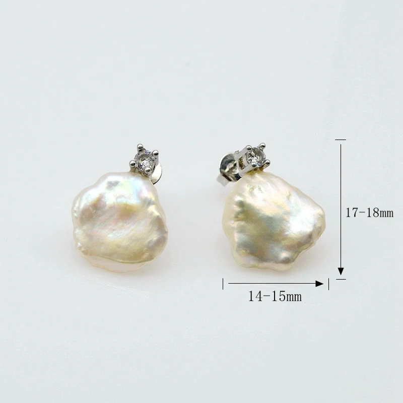 Pearl Earrings White Natural Pearl Silver Stud Earrings Irregular Shape Baroque Pearl Zirconia Women Flat Stud Earrings