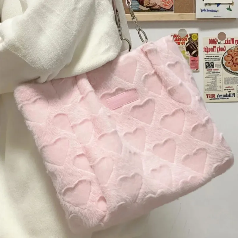 JIAERDI Sweet Cute Heart Tote Bag Women Fluffy Soft Large Capacity Shoulder Bags Ladies Kawaii Minimalist Commute Handbag 2025