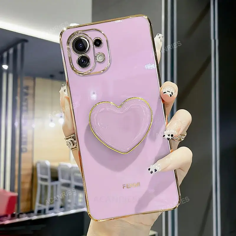 Luxury Plating Love Heart Stand Phone Case - Cute Silicone Cover