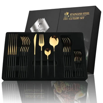 24 pezzi manico nero set di posate dorate coltello forchetta cucchiaio da tavola set di posate festival cucina stoviglie regalo 1